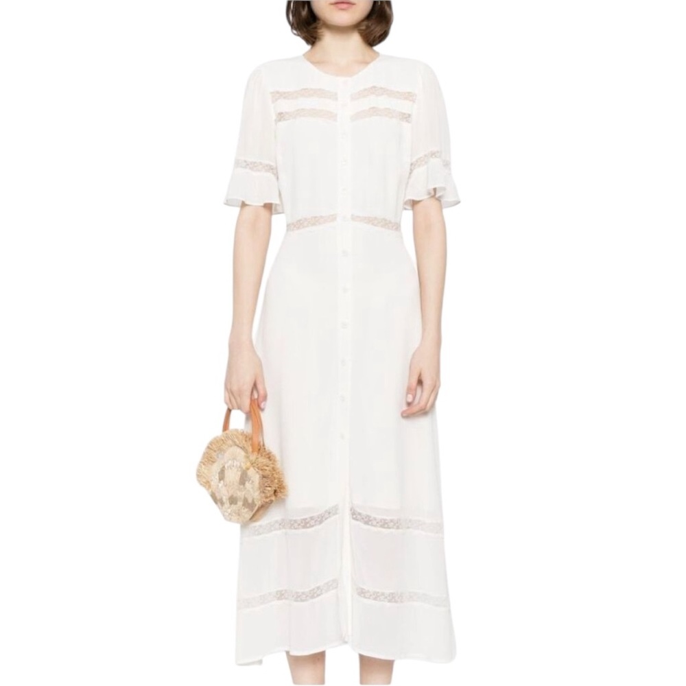 Reformation Woodson Off White Lace Button Front Flutter Sleeve Midi Dress - 20